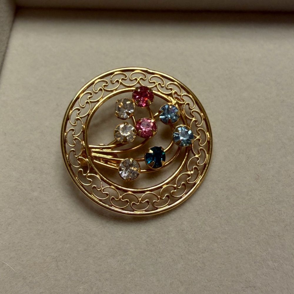 Vintage Signed Carla 12K GF Multicolor Rhinestone Circle Brooch 1960s Spray Pin